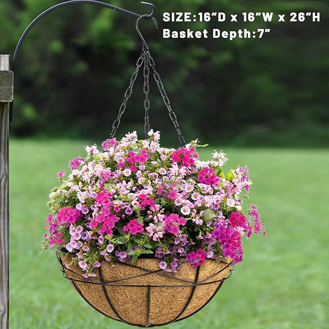 Hanging Planters for Outdoor Plants: 4 Pack 16 Inch Hanging Baskets Flower Pots with Coco Liners & Plastic Saucer Extra Large Deep Hanging Plant Holder for Porch Balcony Garden Décor