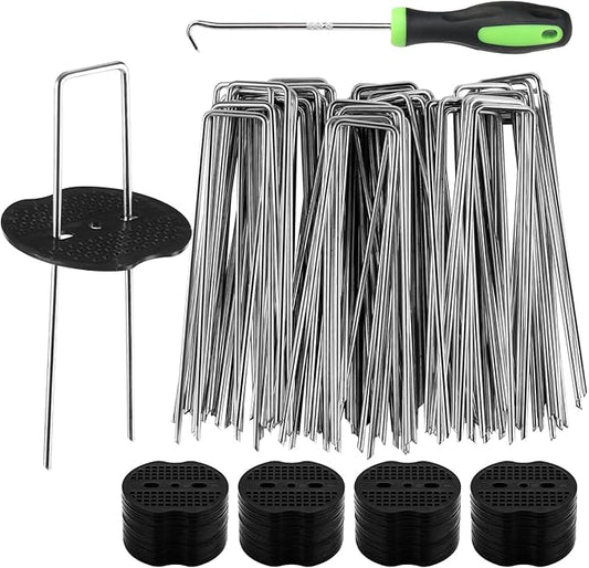 200pcs Garden Stakes Staples, 6 Inch 11 Gauge Landscape Staples + 200pcs Buffer Washer + 1 Pick Hook, U-Shaped Galvanized Landscape Pins, Tent Stakes for Weed Barrier Fabric Heavy Duty