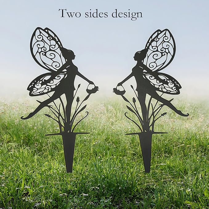 Decorative Garden Stakes，Fairy Garden Stakes Statues Metal Weather Resistant 3 Piece Outdoor Decorative Set Black (9 Pack A)