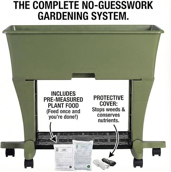 EarthBox Raised Garden Bed with Legs – Elevated Self Watering Planter Box with Wheels, Storage Shelf, Premium Plant Food, Easy Assembly, Made in USA, Sage