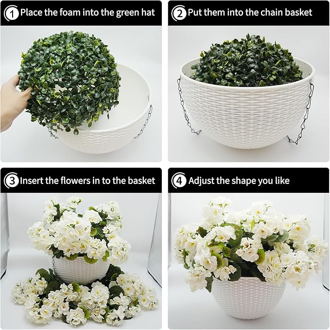 Hanging Planters with Plant Hangers for Indoor Outdoor Decor 2 Pack Artificial White Geranium 26CM Half-Round White Plastic Hanging Baskets with Durable Iron