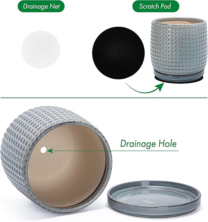 D'vine Dev 10 Inch Ceramic Beaded Stoneware Planter Pot - Flower Pot with Drainage Holes and Saucers for Indoor Succulent Plants or Flowers, Graphite Blue, 27-C-P-9