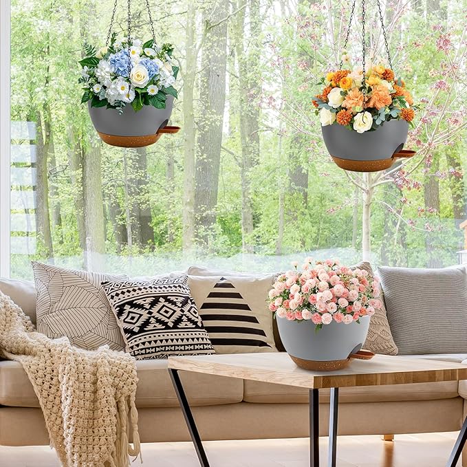 10 inch Hanging Planters for Indoor Plants, 3 Pack Self-Watering Hanging Planter Pots with Chain and Drainage Holes, Outdoor Plastic Hanging Baskets for Garden Home Decor