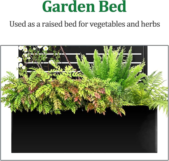 Metal Raised Garden Bed with Trellis, 2 in 1 Trellis with Planter Box & Privacy Screen for Climbing Plants, Vine, Outdoor Standing Flower Beds with Drainage Holes, 35.4" L x 15.7" W x 70.9" H, Black