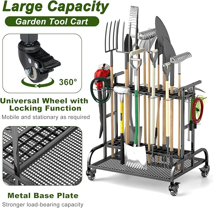 YAGEANNL Garden Tool Organizer with Wheels, Large Capacity Garage Tool Rack with Hooks, for Broom, Shovel, Long Handled Tools, Metal Yard Tool Organizer for Garage, Shed, Outdoor