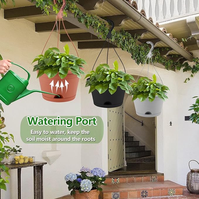 4 Pack Hanging Planters, 10 Inch Hanging Plant Pot with Hanger Chain & Drainage Trays, Hanging Baskets for Plants Outdoor Indoor, Flowers Pots for Home, Garden, Porch Decor (Black)