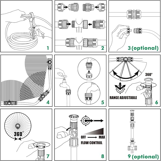 RESTMO Flexible Sprinkler System with Metal Spike Base, Above Ground DIY Irrigation Kit, Multi-Adjustable Lawn Sprinkler Set, Ideal for Plant and Flower Bed Watering, 30ft Garden Hose Included