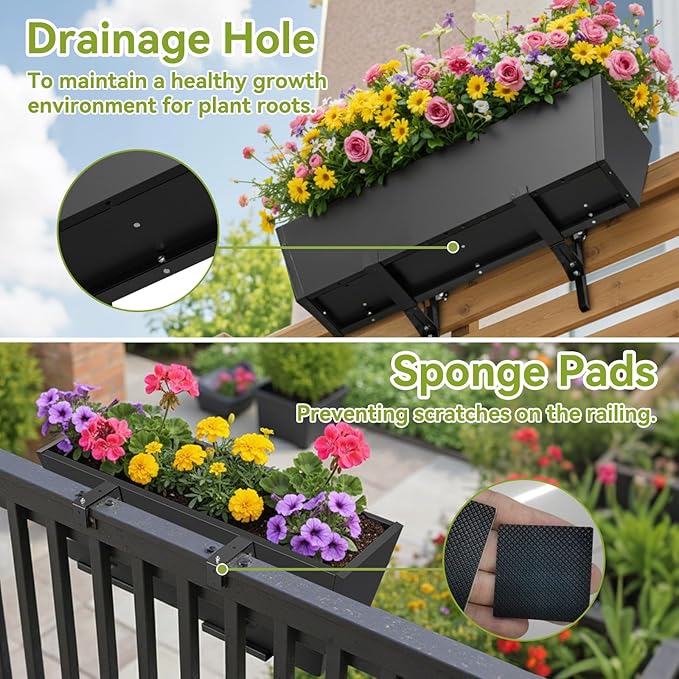 Railing Planter Box - Heavy Duty Window Boxes, 36” Deck Railing Planter Boxes with Adjustable Bracket, Deck Planters for Railing Outdoor Fence (2 Packs)