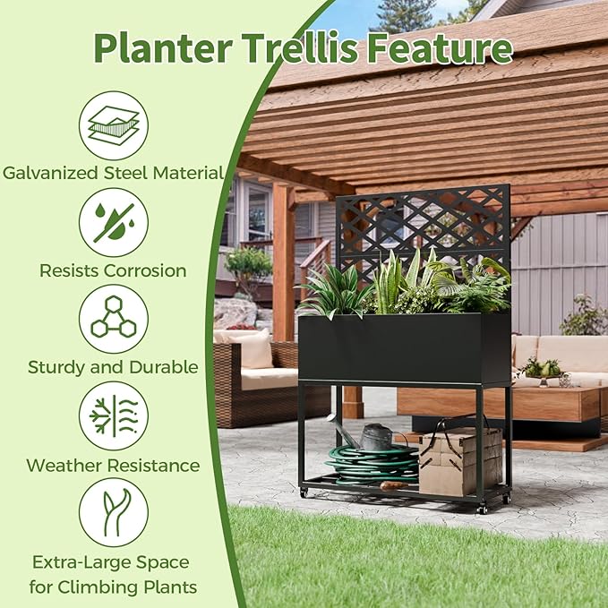 Metal Planter Box with Trellis,55" H x35 W Raised Garden Beds with Privacy Screen for Climbing Plants Flower, Elevated Standing Planter Garden Bed with Drainage Holes for Outdoor Patio,Black