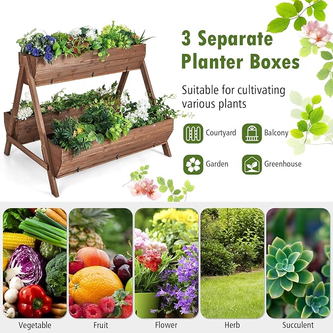 S AFSTAR 40-Inch Vertical Raised Garden Bed, 3 Tiered Wooden Planter Boxes 44" L x 36" W x 35" H, Drainage Holes, Indoor Outdoor Flowerbed, Freestanding Elevated Planter Box for Garden Flower Veggies