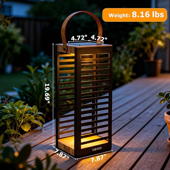 Solar Lantern with Handle - Outdoor Metal Solar Light (7.87×19.69"), Waterproof & Rustproof, 8H Auto-On Warm White Light, Portable for Patio, Porch, Balcony & Garden Decor (Black)