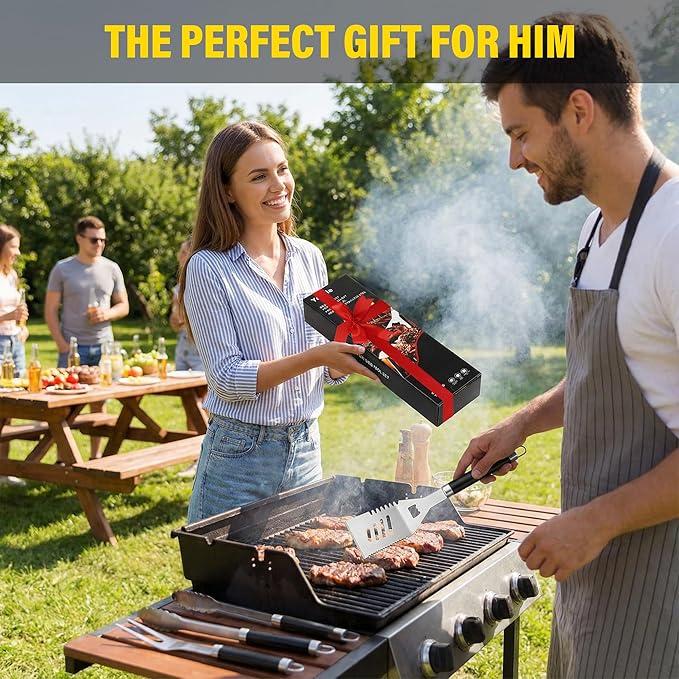 Yekale BBQ Grill Accessories Set, Grill Tools Grilling Accessories Grilling Gifts for Men - Spatula, Fork, Brush, Tongs & Cleaning Brush - Outdoor Barbecue Utensils Gifts for Men Dad Him (Black)