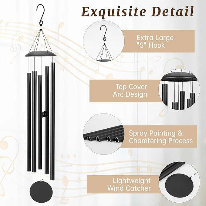 65" Extra Large Wind Chimes with Outside Deep Tone, 5 Thick and Bold Aluminum Tubes, Coolest Metal Windchimes Outdoors with Pine Wood Striker, Unique Gift for Mom, Garden Decoration(Black)
