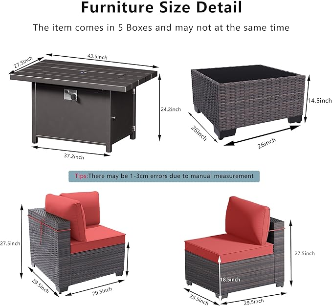 Outdoor Terrace Furniture Set, 15 Piece Outdoor Furniture Set, with 43 inch Aluminum 55002 BTU Propane fire Pit, PE Willow Vine Terrace Dialogue Set - Red.