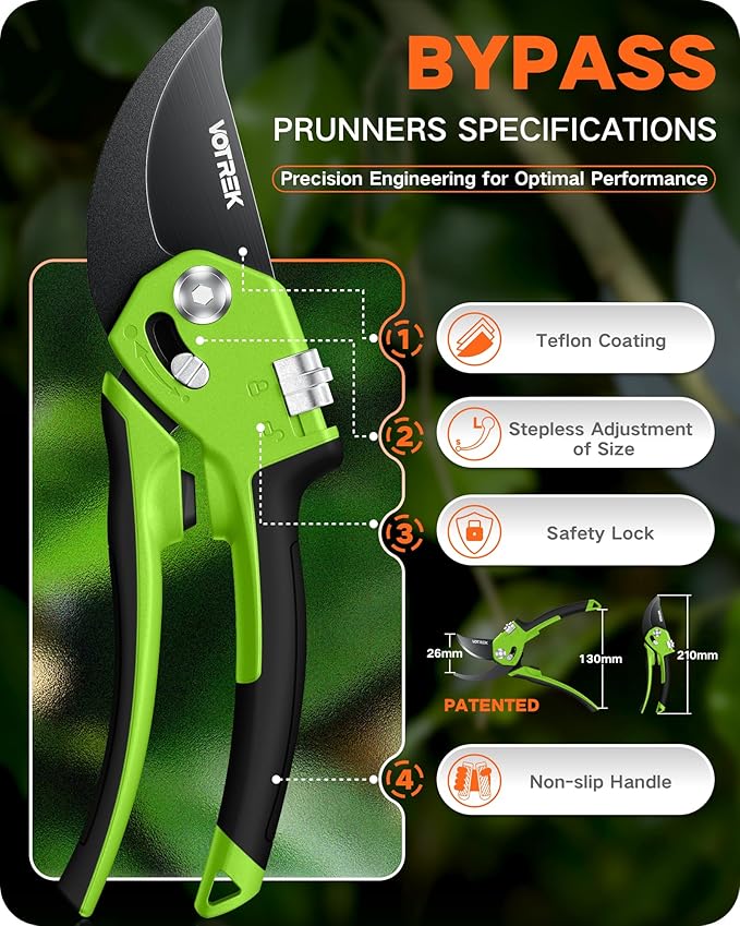 VOTREK Pruning Shears for Gardening - 8.5" Garden Clippers with SK5 Blade, Stepless Adjustable Handle for All Hand, Ergonomic Bypass Plant Pruners Scissors for Heavy Duty Branch Bush Rose Tool