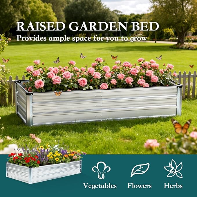 Smug Metal Raised Garden Bed 2pcs Set, 6x3x1ft Outdoor Planter Box,Raised Garden Beds for Planting Plants Vegetables, Flowers, Metal Silver