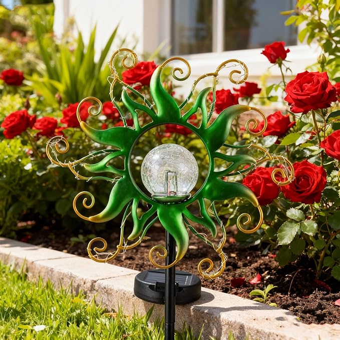Solar Garden Lights Outdoor, Green Metal Sun Stake with 30 LED Waterproof Vine String Crackle Glass Spring Decor for Patio,Yardr,Lawn Gardening Birthday Gifts