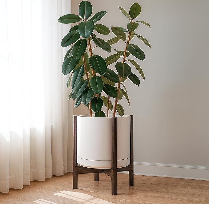 D'vine Dev Ceramic Planter with Walnut Color Stand - 14 Inch Modern Round Flower Pot with Wood Planter Holder, Oatmeal, 55-B-T-8