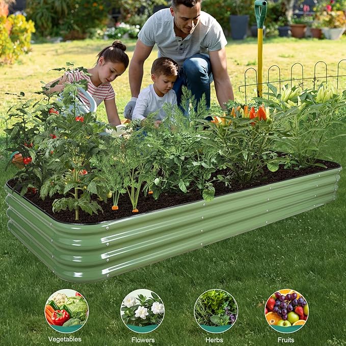 5 in 1Galvanized Raised Garden Bed - 8x3x1ft Modular Garden Planter Bed Outdoor | Steel Raised Bed Kit with Bracing Rods, Gloves for Gardening Vegetables Fruits and Flowers (Green)