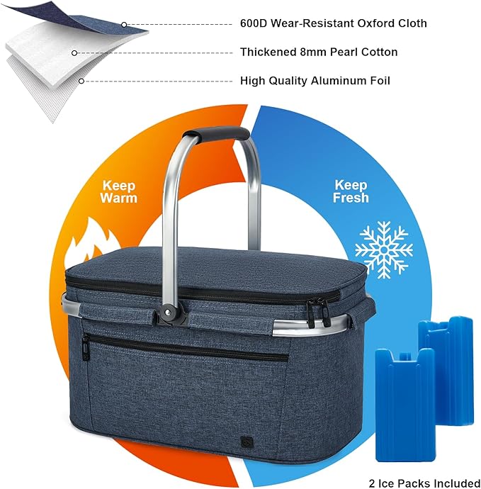 ALLCAMP Picnic Basket - 2 Ice Box Included 32L Insulated Cooler, Thickening Foldable Picnic Basket with Removable Baskets & Sewn-in Frame, Basket for House Warming Gifts New Home(Blue)