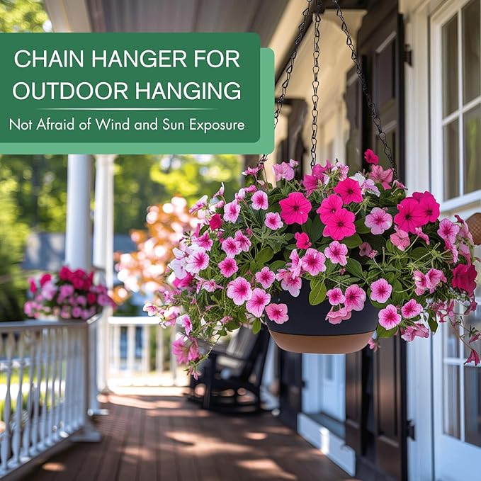 montresor Set of 2-8 Inch Hanging Planters for Indoor Plants with Self-Watering Includes Hanging Pots for Plants, Outdoor Hanging Plant Pot with Drainage, and 2 Types of Baskets Hangers (Black)