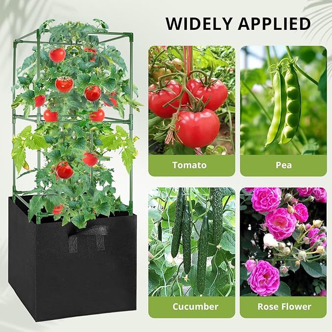 2 Pack Tomato Cages with 17 Gallon Grow Bags, 47” Heavy Duty Square Tomato Plant Stakes Support Cages Trellis for Garden Climbing Vegetables Flowers Fruits (47IN Tall, Extra-Bold)