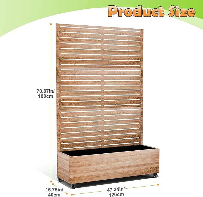 Metal Raised Garden Bed with Trellis, 2-in-1 Planter Box & Privacy Screen for Climbing Plants, Outdoor Standing Flower Bed with Drainage Holes, 47.2" L x 16.7" W x 70.8" H, Cut Oak Grain
