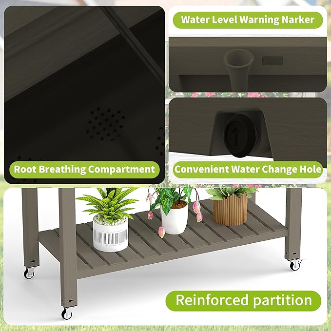 Elevated Raised Garden Bed with Wheels,Outdoor Large Resin Patio Planter Box Stand Divisible with Drain Plug,Water Monitor for Plants Vegetables Flowers Fruits(Grey,43.31 * 17.72 * 33.66)