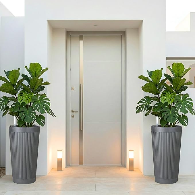 24in Tall Self-Watering Planters Set of 2 - Grey Flower Pots with Water Level Monitor, Non-Toxic Plastic Planters for Indoor Outdoor Patio, Porch, Living Room, Home Office