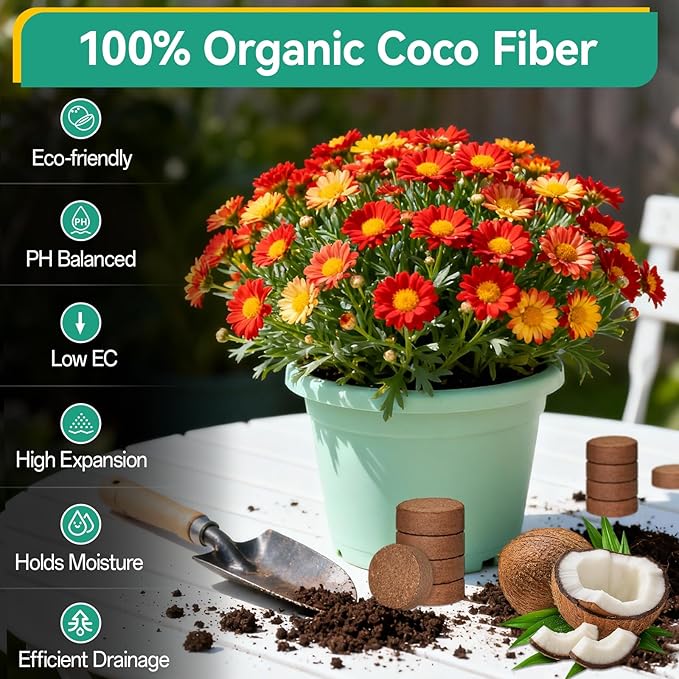 ZeeDix 100pcs(50mm) Coco Coir Pellets Potting Soil Indoor Plants, Compressed Coconut Coir Seed Starting Pellets Soil Discs for Planting Flowers Bonsai Herbs and Vegetables