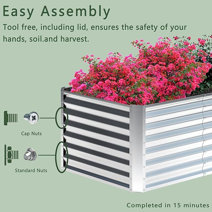 4x2x2FT Galvanized Raised Garden Bed,Planter Raised Beds-Metal Garden Box,Large Plant for Outdoor Planting, Vegetables Bed，Flower,herb-Silver