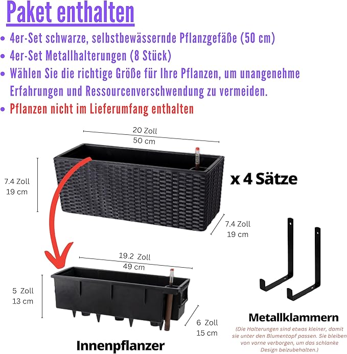 LaLaGreen Outdoor Wall Planters (20 Inch, 4 Pack) Wall Mounted Self Watering System Window Flower Boxes with Bracket, White Rectangular Plant Pot Container Indoor Modern Garden Herb Kitchen Home Decor