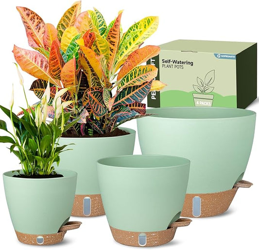Self-Watering Pots for Indoor Plants 4 Pack, 6/8/10/12 Inch Outdoor Planters with Water Level Indicator&Deep Reservoir, Decorative Flower Pots for Indoor Plants,Home Decor (Green, 12+10+8+6 inch)