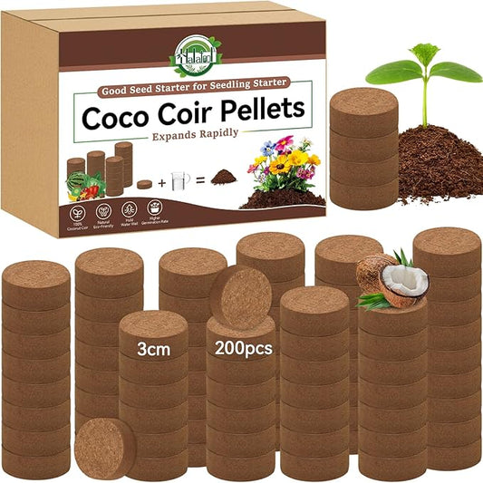 Halatool 200pcs 30mm Organic Coconut Coir Pellets Soil for Seed Starter, Compressed Coco Coir Potting Soil for Growing Vegetables, Fruits, Flowers