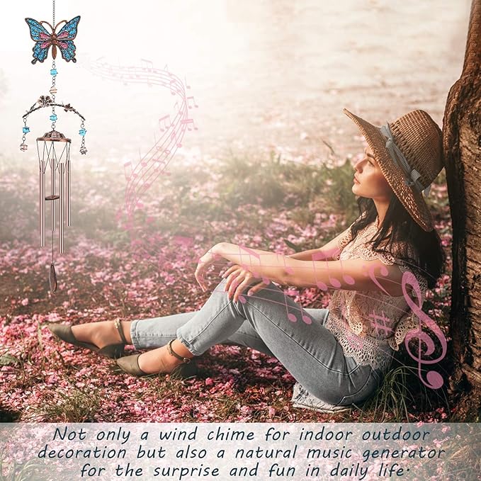 Blue Butterfly Wind Chimes - Wind Chimes for Outside Deep Tone 34 inches 5 Aluminum Tubes, Thanksgiving, Christmas, Birthday Gifts for Mom, Grandma, Daughter, Decor for Home, Garden, Patio, Backyard