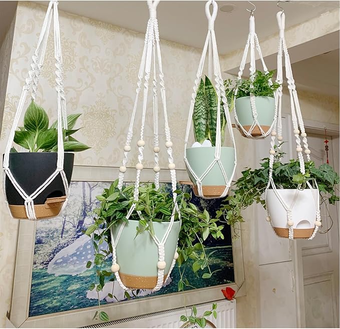 Hanging Planters with Macrame Plant Hangers for Indoor Outdoor Plants,3 Set Hanging Baskets Flower Pots Holders 35‘’/27‘’/21‘’,Self-Watering Pots 7‘’/6‘’/5.5‘’,Boho Home Decor (White)