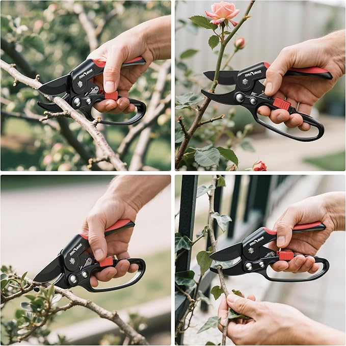 FLORA GUARD Ratchet Pruning Shears, Garden Shears with Reinforced Structure, 3x Cutting Power, Sharp Gardening Scissors for Branches up to 7/8 in, Ideal for Weak Hands