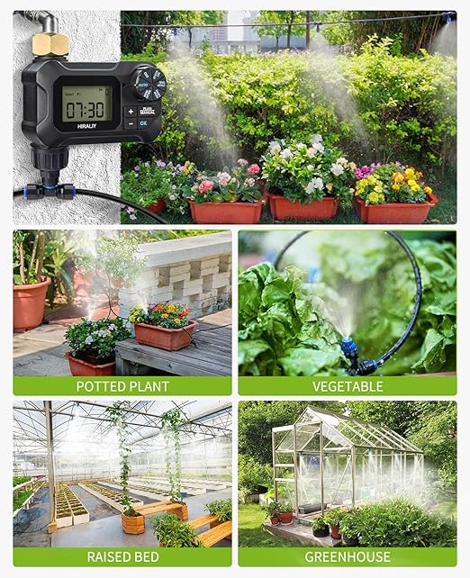 HIRALIY 59FT Greenhouse Misting Drip Irrigation Kit with Garden Timer, Hanging Plant Watering System, with Tubing, Misting Nozzles, and Water Timer, Quick Connector Design Automatic Irrigation System