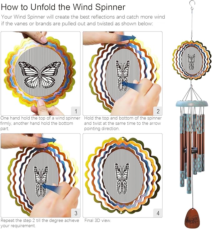 Wind Chimes for Outside with 3D Animations Butterfly Wind Spinner,37" Memorial Wind Chimes Outdoor Garden Decor,Butterfly Gift for Women Mom Grandma Wife,Patio Decorations,Garden Ornaments
