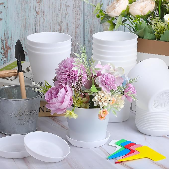 Aodaer 24 Pack 4 Inch Plastic Planters with Multiple Drainage Holes and Tray Indoor Outdoor Flower Plant Nursery Pots with Labels Flower Seedling Pots for Herb Garden Home Succulents, White