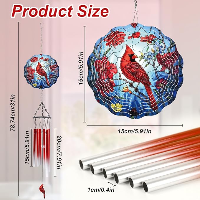 Cardinal Wind Chimes with Wind Spinner Gifts for Women, Cardinal Hanging Wind Spinners Outdoor Gifts for Mom Grandma, Windchimes Outdoor Xmas Decor for Yard Garden Christmas