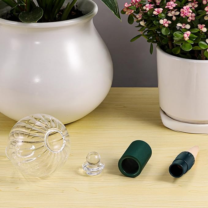 12 oz Plant Watering Globes Top Fill, Clear Glass Water Bulbs with Terracotta Spikes Stake, Vacation Slow Release Self Watering Planter Insert, Automatic Drip Device, 4 Pack
