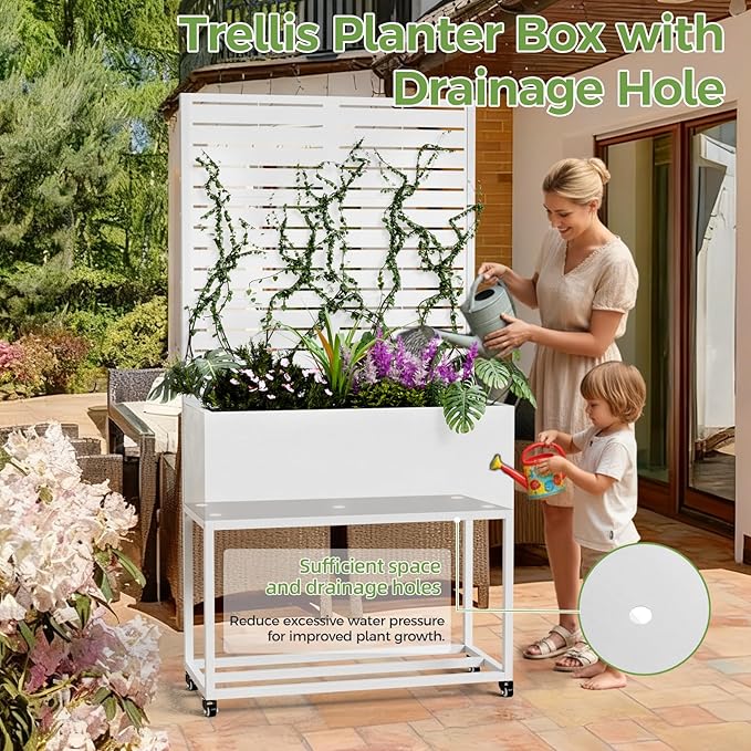 Metal Planter Box with Trellis, 3 in 1 Raised Garden Bed with Trelli & Firewood Rack, Privacy Planter Screen for Climbing Plants, Vine, Outdoor Garden Standing Beds with Drainage Holes, Wheels,White