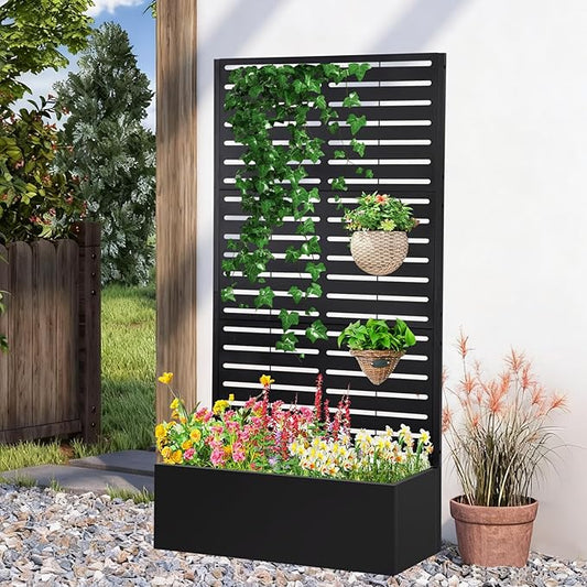 Metal Raised Garden Bed with Trellis,Planter Box for Climbing Plants, Vegetables & Vines, Features Drainage Holes and Privacy Screen.raised garden beds outdoor planters for porch (Black, 71"x35"x16")