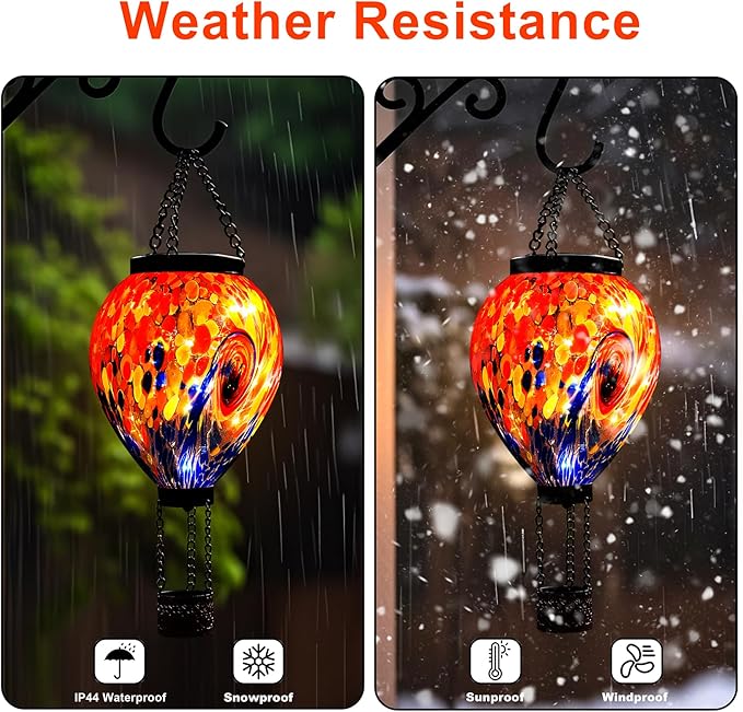VOREEN Solar Hot Air Balloon Light – Hand Blown Colorful Glass Outdoor Hanging Lantern, Waterproof Decorative Garden Lighting, Gift for Mom Wife Friend Backyard Patio Decor