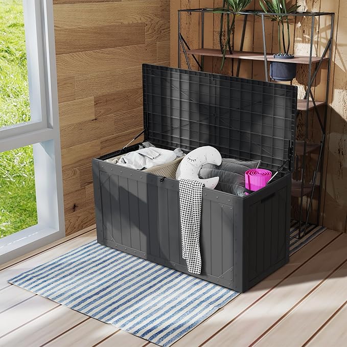 100 Gallon Resin Deck Box, Waterproof Outdoor Storage Box for Patio Furniture Cushions, Garden Tools, and Pool Accessories, Large Lockable UV-Resistant Storage Bin Bench Cabinet for Outside, Black