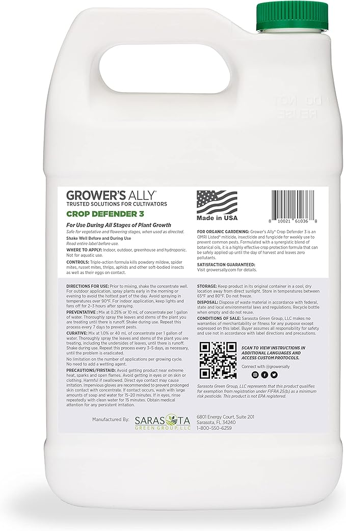 Grower's Ally Crop Defender 3 Concentrate - Natural Miticide, Insecticide, Fungicide Control for Plants - OMRI Listed Garden Safe Spray Killer for Powdery Mildew & Mites - 1 Gallon, Makes 400