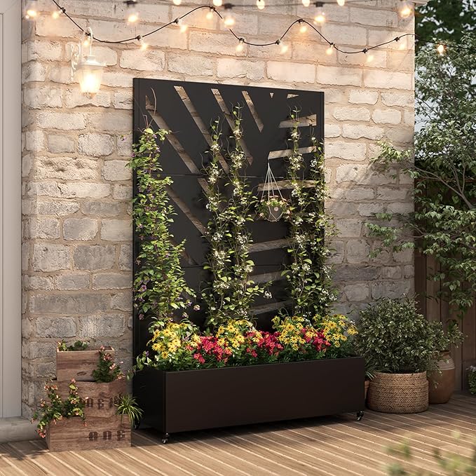 Metal Planter with Trellis& Wheels 72" x 47"x 15.7" Raised Garden Bed with Trellis,Privacy Planters for Patio,Garden Bed for Climbing Plants,Suitable for Climbing Plants and Vegetables,Black