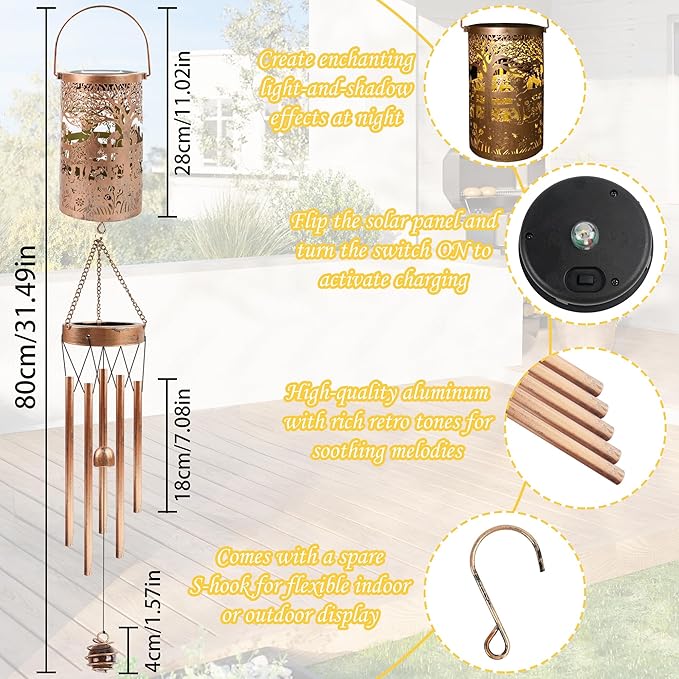 French Bulldog Solar Wind Chimes for Outside - Dog Decor Gifts Outdoor Solar Lantern Wind Chimes, Metal Decorative Hanging Lights for Patio Porch Yard Lawn