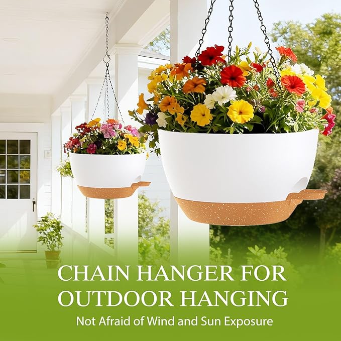 12 Inch Hanging Baskets 2 PC with Chains, Self-Watering Hanging Planters for Indoor Outdoor Plants, Plastic Hanging Flower Pots,White Brown